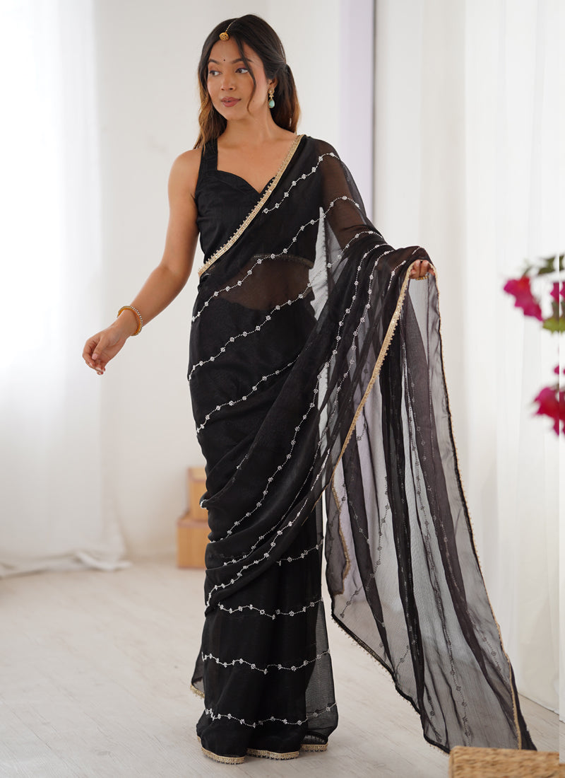 Vegaa Fashion Black Smooth Sitara Fabric Moti & Val Sequence Designer Saree