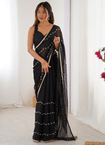 Thumbnail for Vegaa Fashion Black Smooth Sitara Fabric Moti & Val Sequence Designer Saree - Distacart
