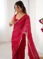 Thumbnail for Vegaa Fashion Pink Smooth Sitara Fabric Moti & Val Sequence Designer Saree - Distacart