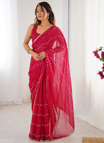 Thumbnail for Vegaa Fashion Pink Smooth Sitara Fabric Moti & Val Sequence Designer Saree - Distacart