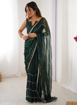 Thumbnail for Vegaa Fashion Green Smooth Sitara Fabric Moti & Val Sequence Designer Saree - Distacart