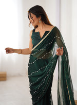 Thumbnail for Vegaa Fashion Green Smooth Sitara Fabric Moti & Val Sequence Designer Saree - Distacart