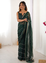 Thumbnail for Vegaa Fashion Green Smooth Sitara Fabric Moti & Val Sequence Designer Saree - Distacart