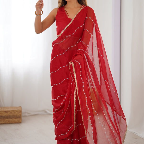 Vegaa Fashion Red Smooth Sitara Fabric Moti & Val Sequence Designer Saree - Distacart