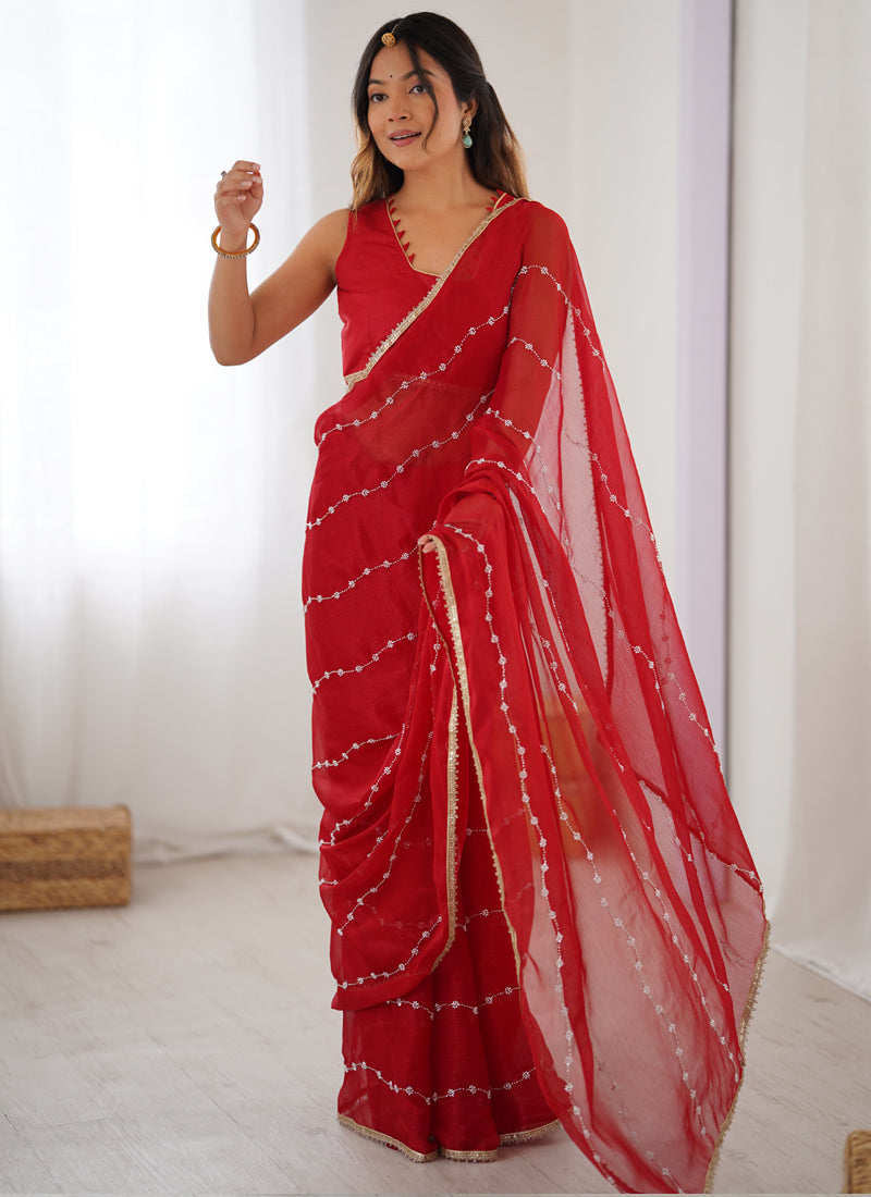 Vegaa Fashion Red Smooth Sitara Fabric Moti & Val Sequence Designer Saree