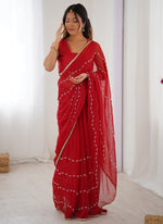 Thumbnail for Vegaa Fashion Red Smooth Sitara Fabric Moti & Val Sequence Designer Saree - Distacart