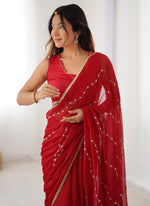 Thumbnail for Vegaa Fashion Red Smooth Sitara Fabric Moti & Val Sequence Designer Saree - Distacart
