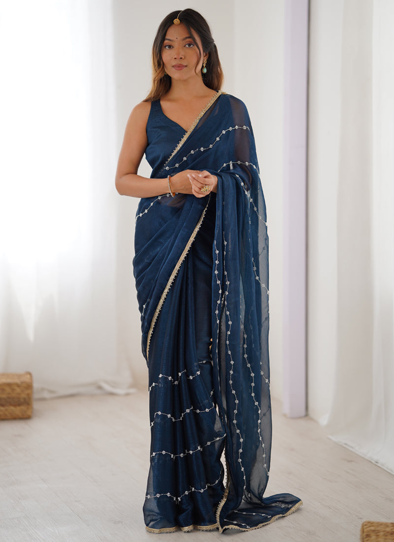 Vegaa Fashion Blue Smooth Sitara Fabric Moti & Val Sequence Designer Saree