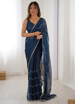 Thumbnail for Vegaa Fashion Blue Smooth Sitara Fabric Moti & Val Sequence Designer Saree - Distacart