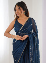 Thumbnail for Vegaa Fashion Blue Smooth Sitara Fabric Moti & Val Sequence Designer Saree - Distacart