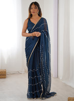 Thumbnail for Vegaa Fashion Blue Smooth Sitara Fabric Moti & Val Sequence Designer Saree - Distacart