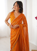 Thumbnail for Vegaa Fashion Orange Smooth Sitara Fabric Moti & Val Sequence Designer Saree - Distacart