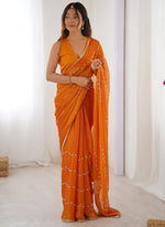 Thumbnail for Vegaa Fashion Orange Smooth Sitara Fabric Moti & Val Sequence Designer Saree - Distacart