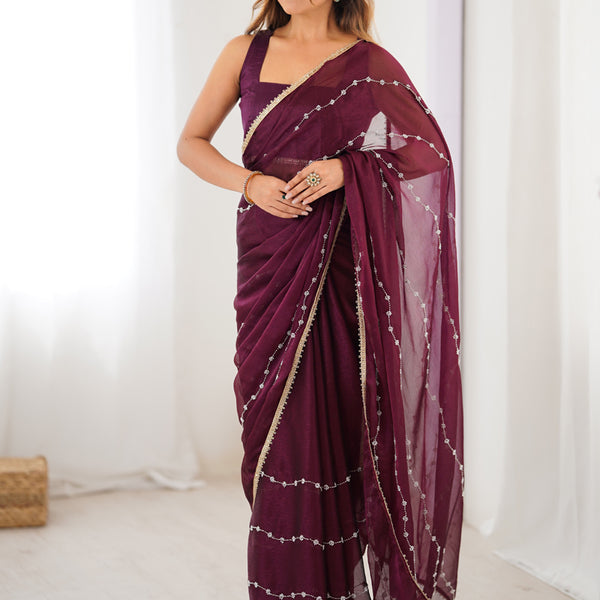 Vegaa Fashion Wine Smooth Sitara Fabric Moti & Val Sequence Designer Saree - Distacart