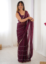 Thumbnail for Vegaa Fashion Wine Smooth Sitara Fabric Moti & Val Sequence Designer Saree - Distacart