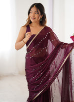 Thumbnail for Vegaa Fashion Wine Smooth Sitara Fabric Moti & Val Sequence Designer Saree - Distacart