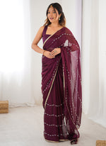 Thumbnail for Vegaa Fashion Wine Smooth Sitara Fabric Moti & Val Sequence Designer Saree - Distacart