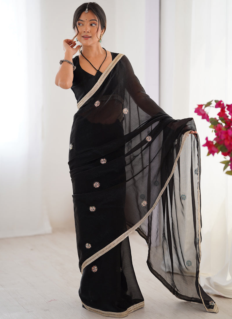 Vegaa Fashion Black Fandy Silk Moti & Val Sequence Designer Saree
