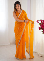 Thumbnail for Vegaa Fashion Yellow Fandy Silk Moti & Val Sequence Designer Saree - Distacart