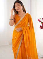 Thumbnail for Vegaa Fashion Yellow Fandy Silk Moti & Val Sequence Designer Saree - Distacart