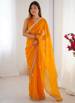 Thumbnail for Vegaa Fashion Yellow Fandy Silk Moti & Val Sequence Designer Saree - Distacart