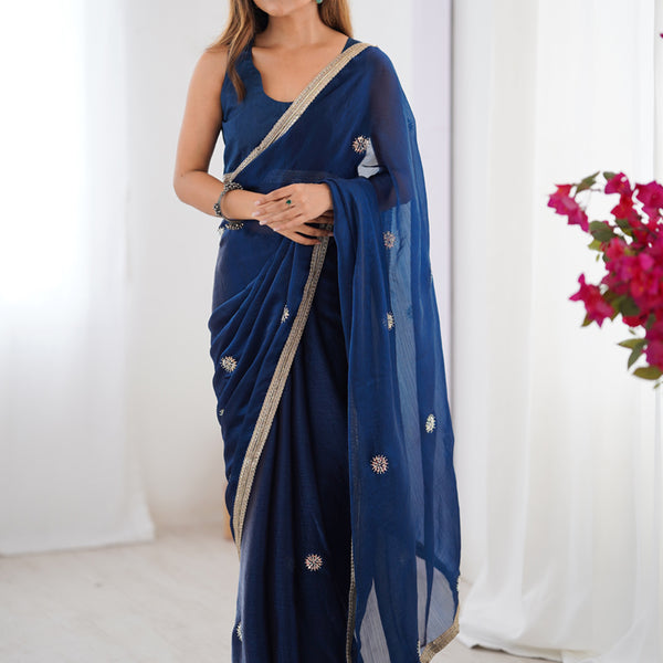 Vegaa Fashion Blue Fandy Silk Moti & Val Sequence Designer Saree - Distacart