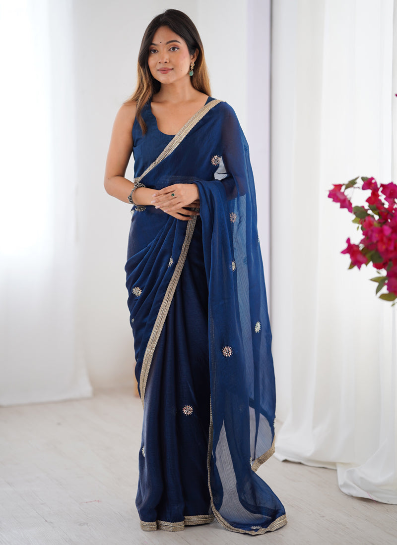 Vegaa Fashion Blue Fandy Silk Moti & Val Sequence Designer Saree