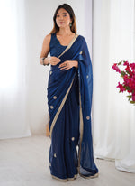 Thumbnail for Vegaa Fashion Blue Fandy Silk Moti & Val Sequence Designer Saree - Distacart