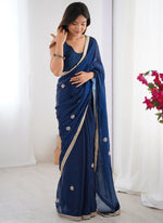 Thumbnail for Vegaa Fashion Blue Fandy Silk Moti & Val Sequence Designer Saree - Distacart
