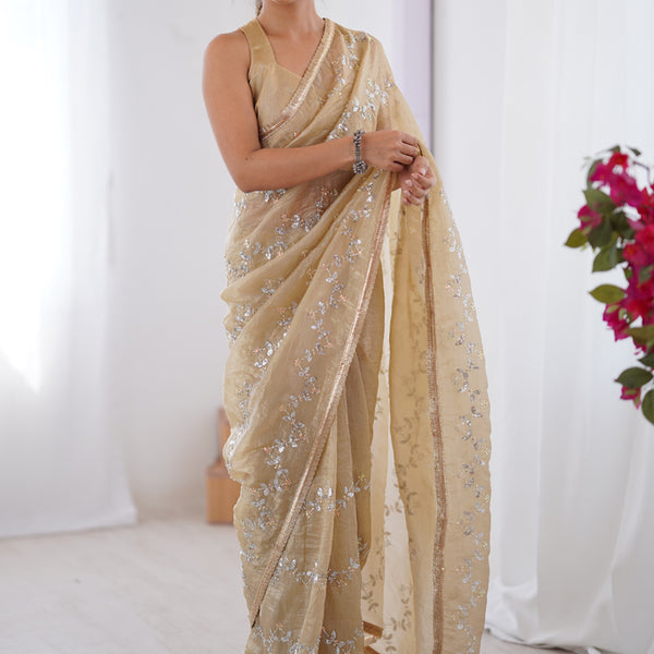 Vegaa Fashion Beige Organza Moti & Val Sequence Party Wear Saree - Distacart
