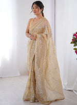 Thumbnail for Vegaa Fashion Beige Organza Moti & Val Sequence Party Wear Saree - Distacart