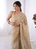 Thumbnail for Vegaa Fashion Beige Organza Moti & Val Sequence Party Wear Saree - Distacart