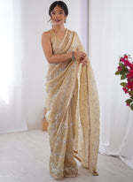 Thumbnail for Vegaa Fashion Beige Organza Moti & Val Sequence Party Wear Saree - Distacart