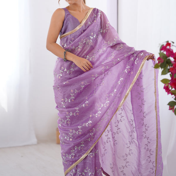Vegaa Fashion Lavender Organza Moti & Val Sequence Party Wear Saree - Distacart