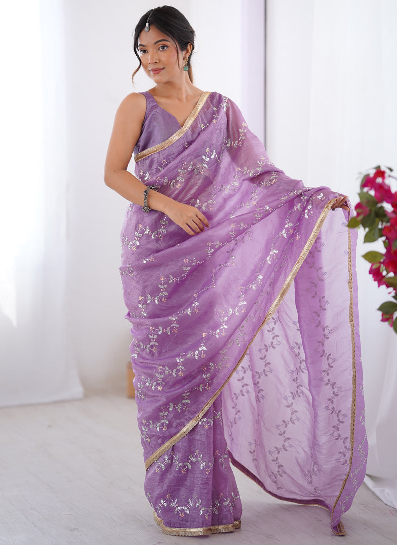 Vegaa Fashion Lavender Organza Moti & Val Sequence Party Wear Saree