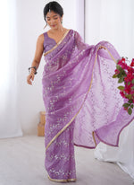 Thumbnail for Vegaa Fashion Lavender Organza Moti & Val Sequence Party Wear Saree - Distacart