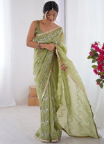 Thumbnail for Vegaa Fashion Light Green Organza Moti & Val Sequence Party Wear Saree - Distacart