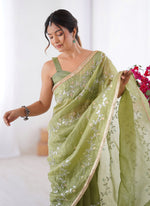 Thumbnail for Vegaa Fashion Light Green Organza Moti & Val Sequence Party Wear Saree - Distacart