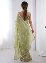 Thumbnail for Vegaa Fashion Light Green Organza Moti & Val Sequence Party Wear Saree - Distacart