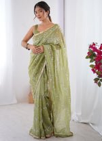 Thumbnail for Vegaa Fashion Light Green Organza Moti & Val Sequence Party Wear Saree - Distacart