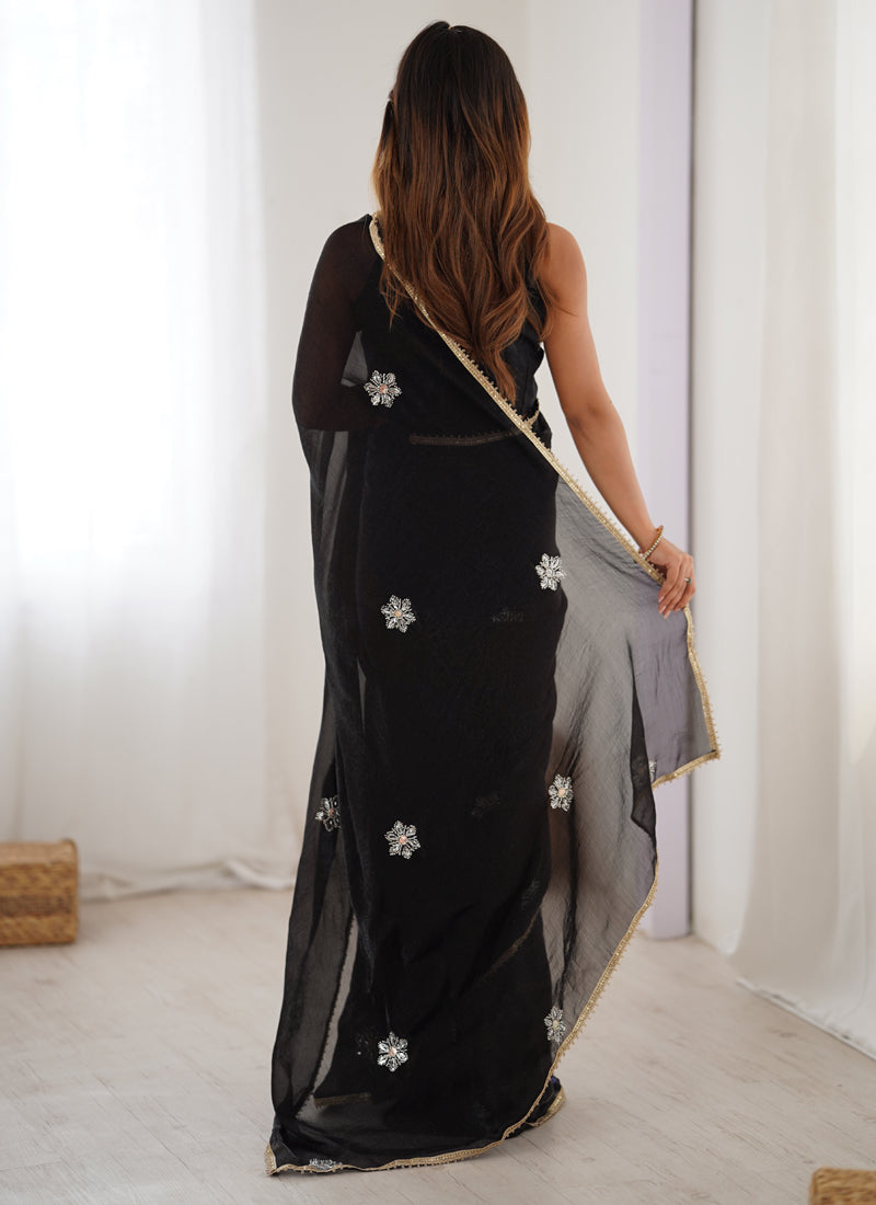 Vegaa Fashion Black Fandy Silk Moti & Val Sequence Designer Saree