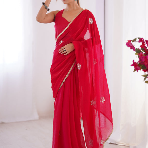 Vegaa Fashion Red Fandy Silk Moti & Val Sequence Designer Saree - Distacart