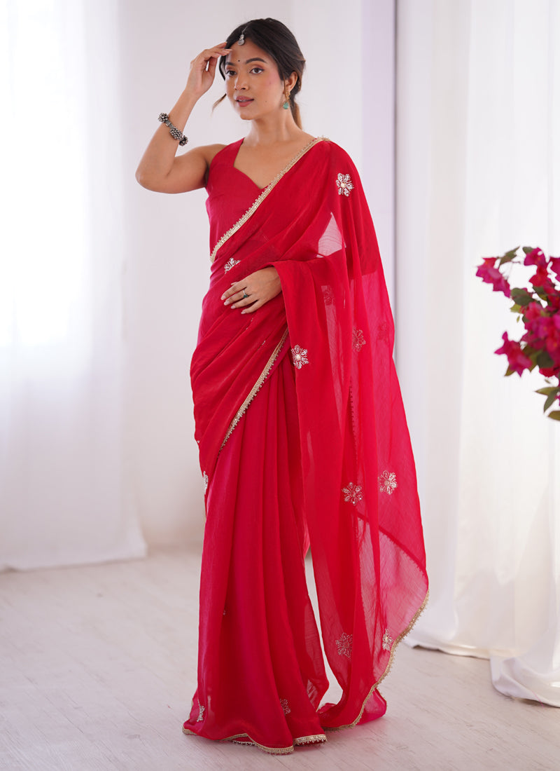Vegaa Fashion Red Fandy Silk Moti & Val Sequence Designer Saree - Distacart