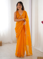 Thumbnail for Vegaa Fashion Yellow Fandy Silk Moti & Val Sequence Designer Saree - Distacart