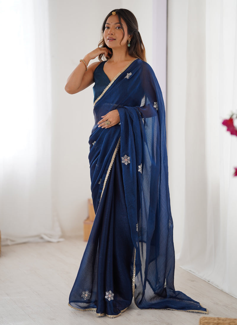 Vegaa Fashion Blue Fandy Silk Moti & Val Sequence Designer Saree