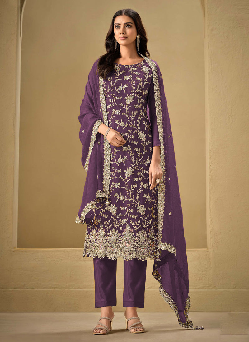 Vegaa Fashion Violet Chinon Sequence Embroidered Salwar Suit