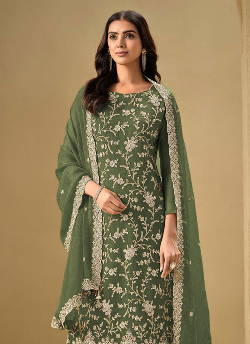 Vegaa Fashion Mahendi Chinon Sequence Embroidered Salwar Suit