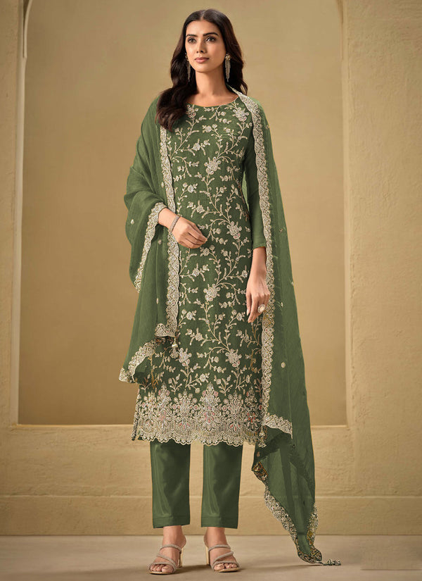 Vegaa Fashion Mahendi Chinon Sequence Embroidered Salwar Suit