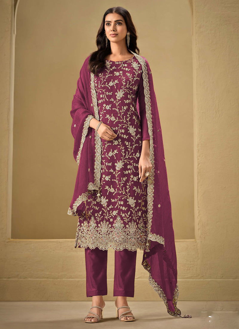 Vegaa Fashion Wine Chinon Sequence Embroidered Salwar Suit - Distacart