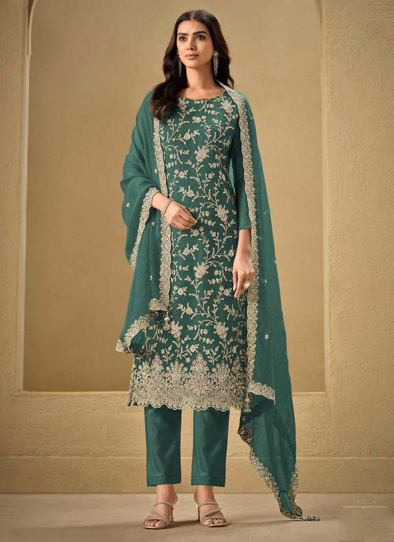 Vegaa Fashion Aqua Blue Chinon Sequence Embroidered Salwar Suit